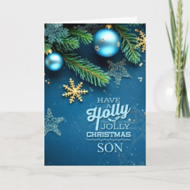 Cartão De Festividades para o filho Ornamento de Natal Holly Jolly Azul