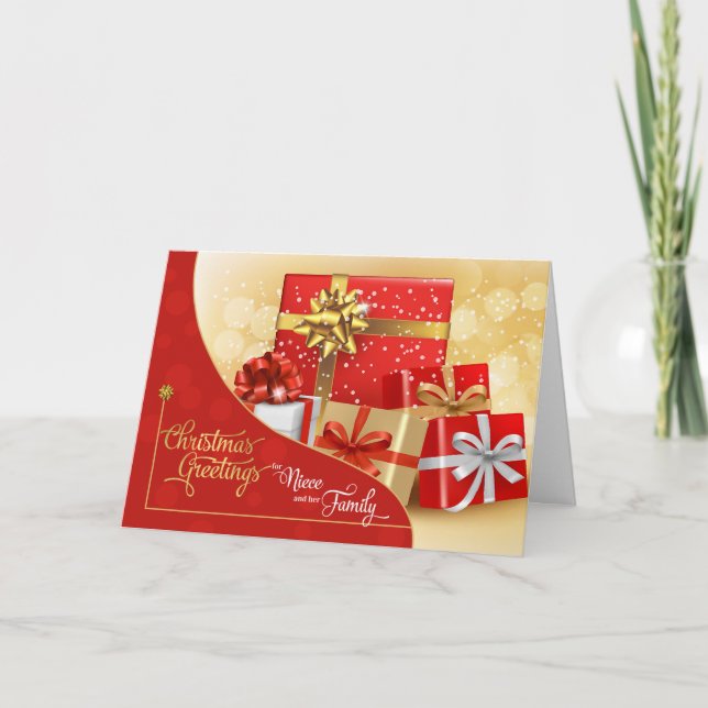 Cartão De Festividades para os presentes de Natal Dourados e vermelhos da (Frente)