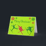 Cartão De Festividades Para Skiers Ski Truques Gráficos Vermelho e Verde<br><div class="desc">Mostre o seu amor por esquiar com estes cartões de Natal divertidos. Eles apresentam um esquema festivo vermelho e verde sobre um fundo verde brilhante com ilustrações de esquiadores fazendo diferentes truques de esqui. A mensagem dentro nestes cartões de natal dobrados está pronta para o seu toque personalizado.</div>