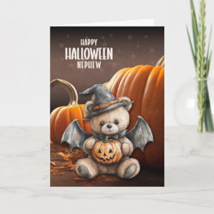 Cartão De Festividades para sobrinho urso de pelúcia bruxa e asas Hallowe