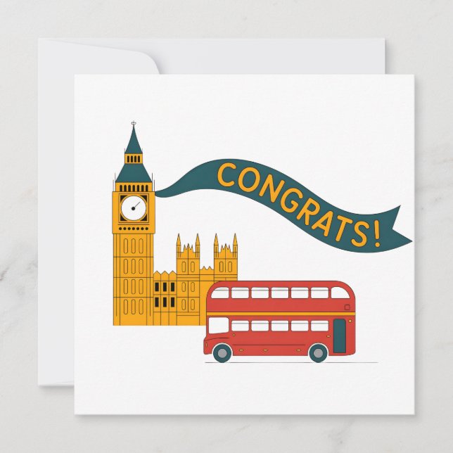 Cartão De Festividades Parabéns com tema de Londres com Big Ben (Frente)