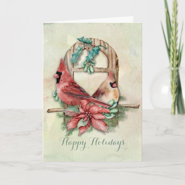 Cartão De Festividades Pares dos cardeais do inverno com poinsétia (Frente)