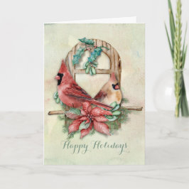 Cartão De Festividades Pares dos cardeais do inverno com poinsétia