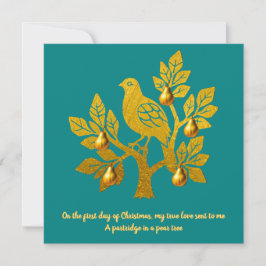 Cartão De Festividades Partridge Em Uma Árvore De Peras Teal Dourado Nata