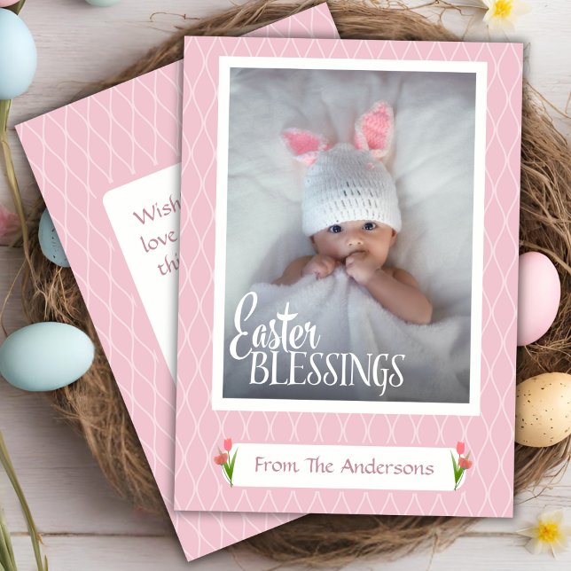 Cartão De Festividades Páscoa Benchings Foto Personalizada Cor-de-rosa do (Easter Blessings Sweet Pastel Pink Custom Photo Holiday Card)