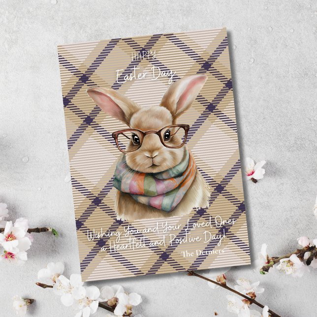 Cartão De Festividades Páscoa brilhando: Salto nas vibrações divertidas (Birthday Depot Party Supplies Trendy Stylish Cute Happy Easter Bunny Purple Plaid Greeting Card)