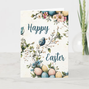 Cartão De Festividades Páscoa de Flores e Pássaros de Mola Aquarela