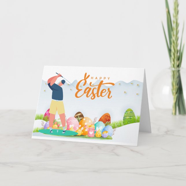 Cartão De Festividades Páscoa de GOLF ao golfe com ovos no campo de golfe (Frente)