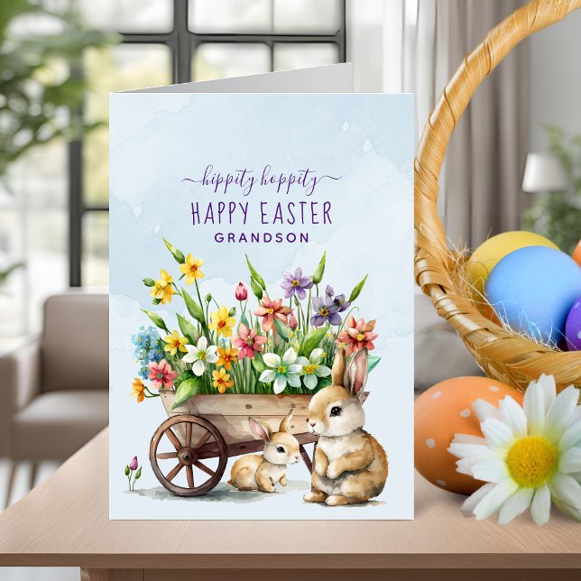 Cartão De Festividades Páscoa de neto personalizado Bonito Bunnies (Cute Bunnies Personalized Grandson Easter Holiday Card)