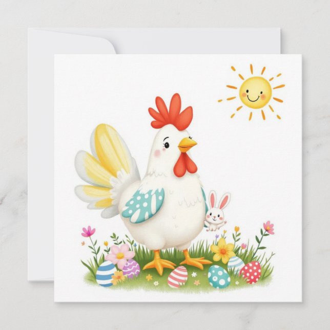 Cartão De Festividades Páscoa divertida com frango e coelho (Frente)