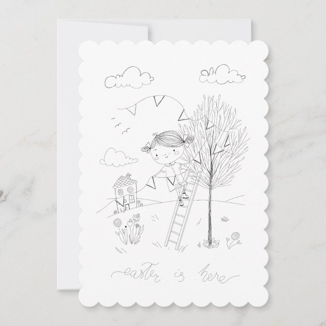 Cartão De Festividades Páscoa Está Aqui Desenho De Tinta (Frente)