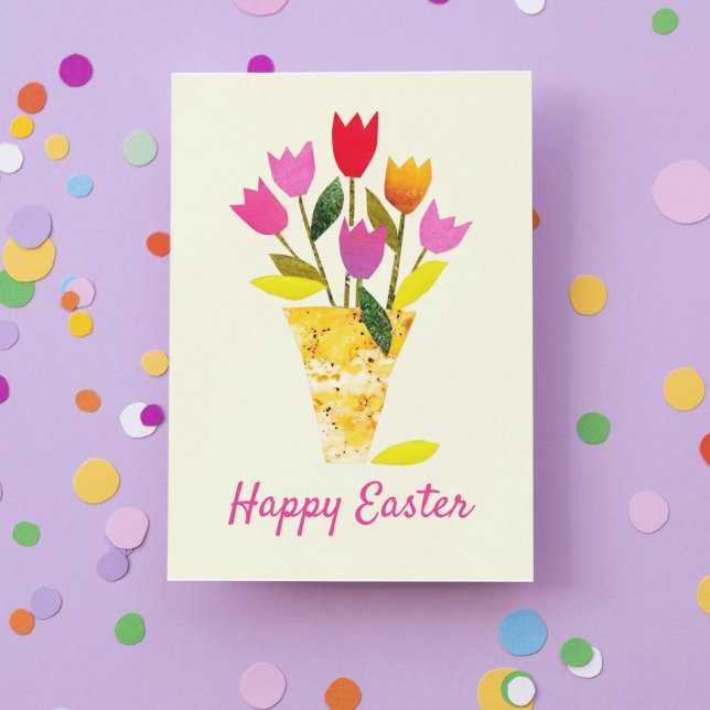 Cartão De Festividades Páscoa Floral Ilustrada À Mão Por Tulipas De Prima (This traditional Easter card features colorful vintage-inspired bright pastel-colored tulips.)