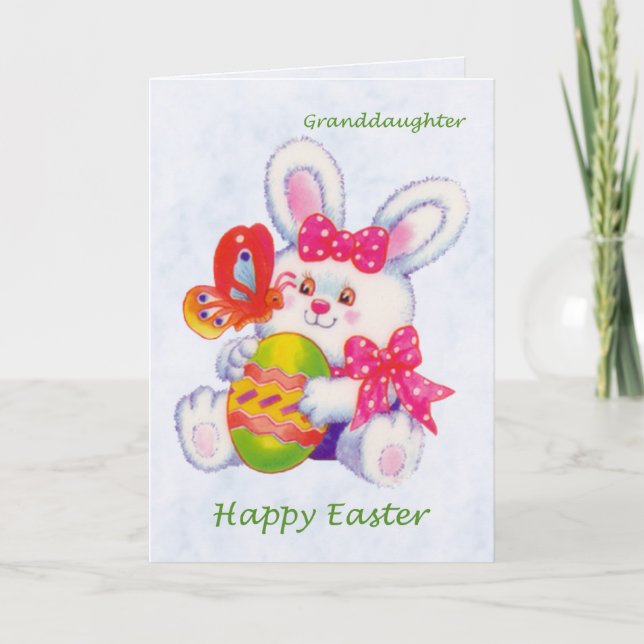 Cartão De Festividades Páscoa. Neta. Coelho, ovos e borboleta (Frente)