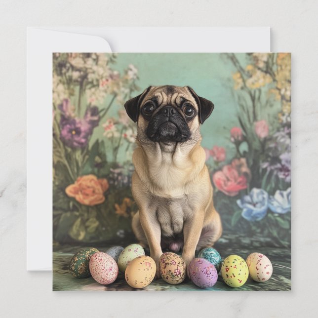Cartão De Festividades Páscoa pug botânico floral (Frente)