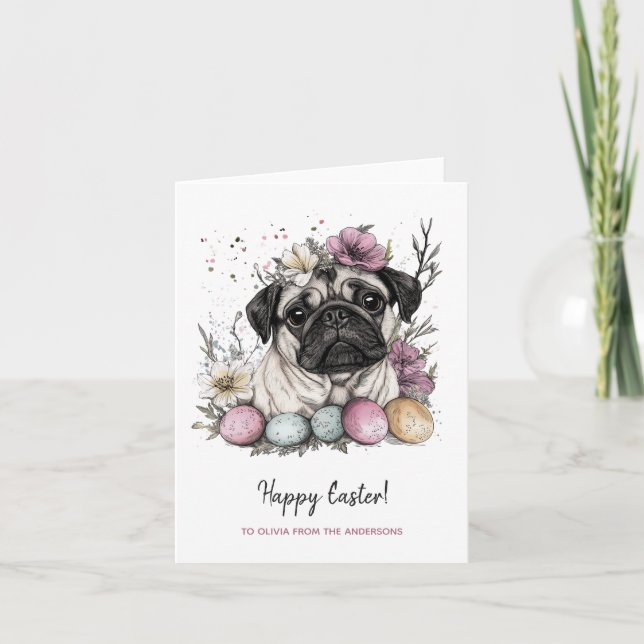 Cartão De Festividades Páscoa pug rústico aquarela floral (Frente)