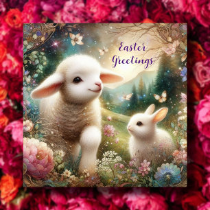 Cartão De Festividades Páscoa Saudações Art Nouveau Lamb Bunny Woodland