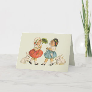 Cartão De Festividades Páscoa Vintage Crianças Coelhinhos Toucas Antigo