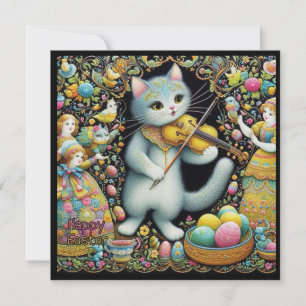 Cartão De Festividades Páscoa Vintage ~ FELIZ PÁSCOA ~ Gato e Violino ~