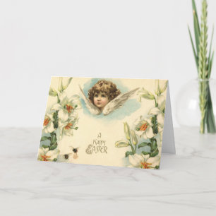 Cartão De Festividades Páscoa Vintage, Flores de Lírio Vitorianas e Anjo
