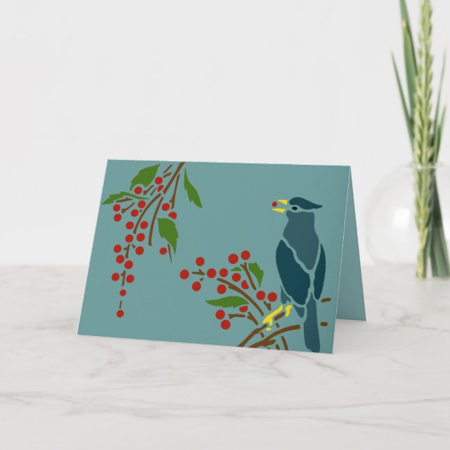 Cartão De Festividades Pássaro Azul com Berries (Frente)