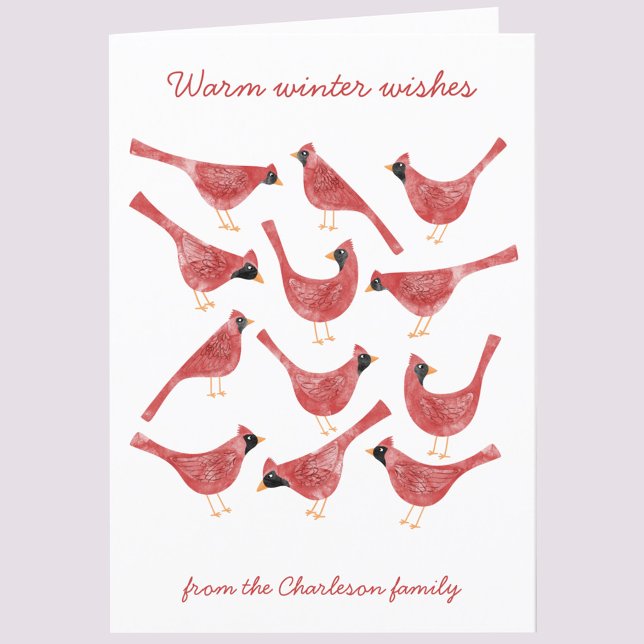 Cartão De Festividades Pássaro Cardinal Festivo Aquarela Personalizado (Fun Cardinal bird red and white watercolor art personalized custom text holiday card)