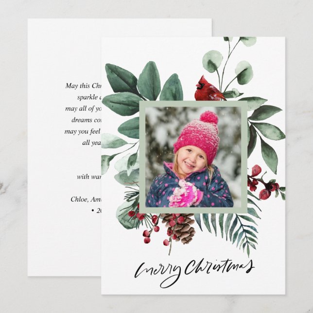 Cartão De Festividades Pássaro Cardinho Eucalyptus Vermelho Festivo Verde (Frente/Verso)