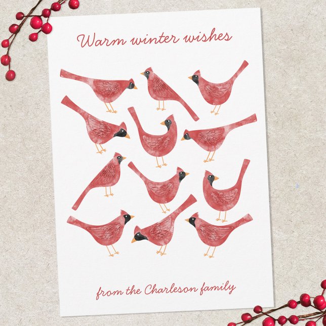 Cartão De Festividades Pássaro Cardinho Festivo Personalizado (Fun red and white watercolor Cardinal bird personalized Christmas Holiday card)