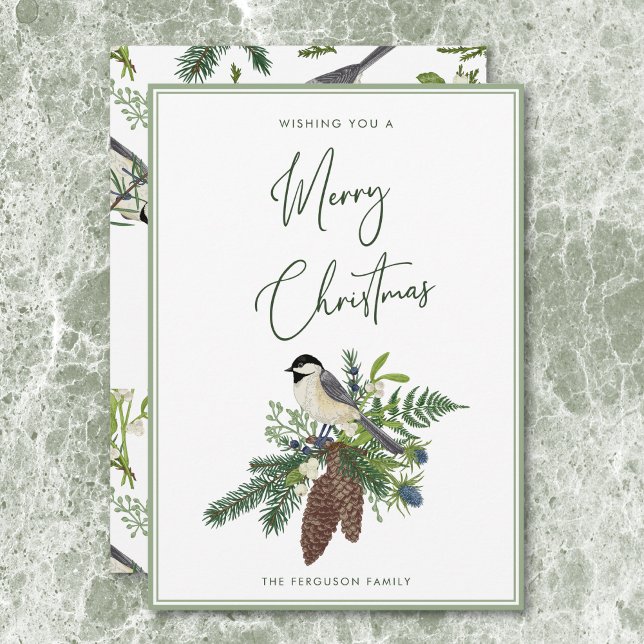 Cartão De Festividades Pássaro de inverno russo e natal (Rustic Winter Bird & Pine Spray Christmas Holiday Card)