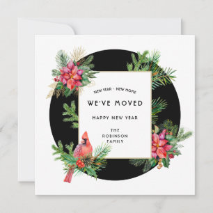 Cartão De Festividades Pássaro e Poinsettias do Cardeal Doméstico de Ano 