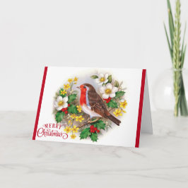 Cartão De Festividades Pássaro Feliz de Natal na Coluna Floral Natural