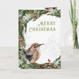 Cartão De Festividades Pássaro Nidificador de Aquarela Feliz Natal