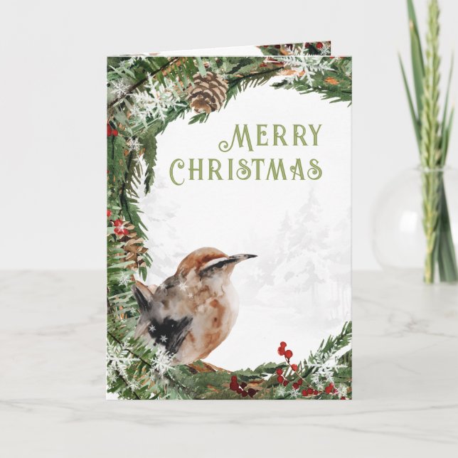 Cartão De Festividades Pássaro Nidificador de Aquarela Feliz Natal (Frente)