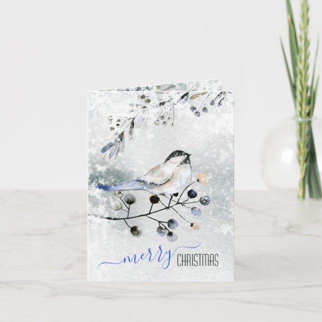 Cartão De Festividades Pássaro no ramo de neve com berries feliz Natal (Frente)