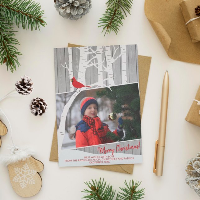 Cartão De Festividades Pássaros brancos do inverno madeira de casca rústi (Criador carregado)