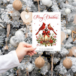 Cartão De Festividades Pássaros Cardinal em Lanterna de Natal em Aquarela