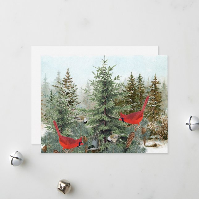 Cartão De Festividades Pássaros de Inverno Floresta Cardinal Chickadee Tr (Frente/Verso In Situ)