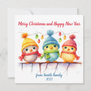 Cartão De Festividades Pássaros de Natal Coloridos Personalizados