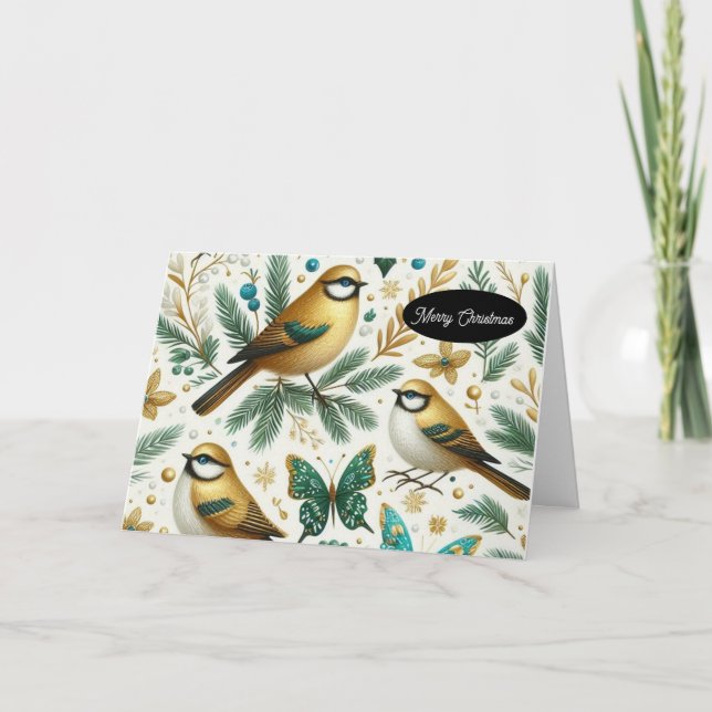 Cartão De Festividades Pássaros Dourados e Borboleta Esmeralda (Frente)