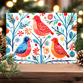 Cartão De Festividades Pássaros e Flores de Arte Popular Colorido Floral