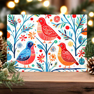 Cartão De Festividades Pássaros e Flores de Arte Popular Colorido Floral