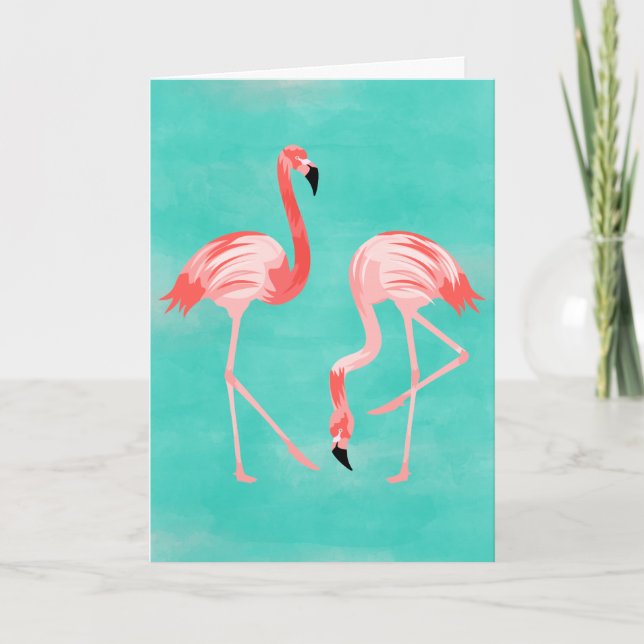 Cartão De Festividades Pássaros Flamingo no Fundo Turquesa (Frente)