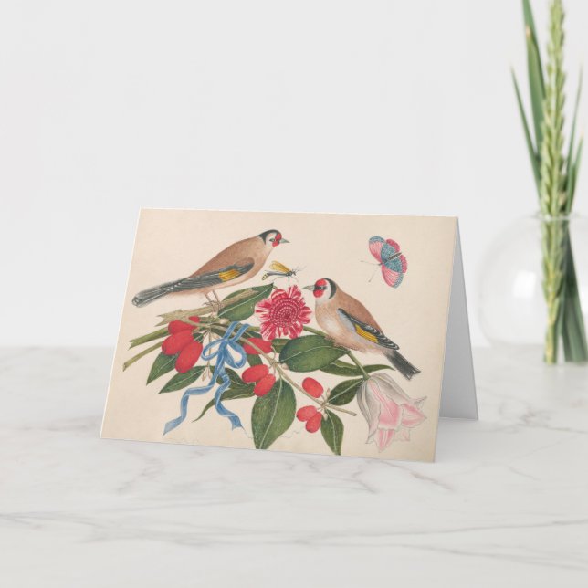 Cartão De Festividades Pássaros marrons com flores e borboleta (Frente)