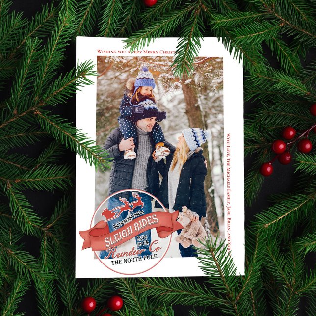 Cartão De Festividades Passeios de Trenó Vermelho Antigo Uma Foto (Whimsical Santa Sleigh rides typography sign. )