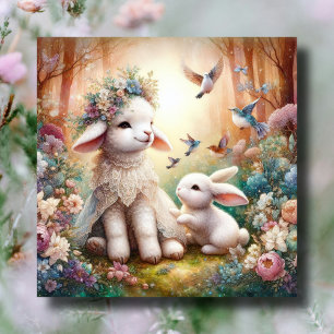 Cartão De Festividades Pastel Floral Woodland Bunny Lamb Páscoa Cristã