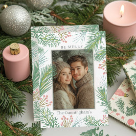 Cartão De Festividades Pastel Pink e Green Holly Christmas