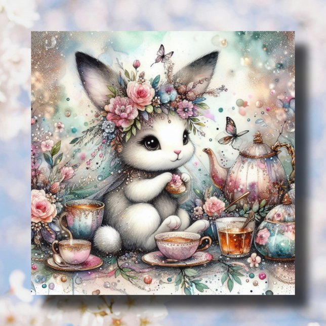 Cartão De Festividades Pastel Watercolor Páscoa Bunny Tea Party (Criador carregado)