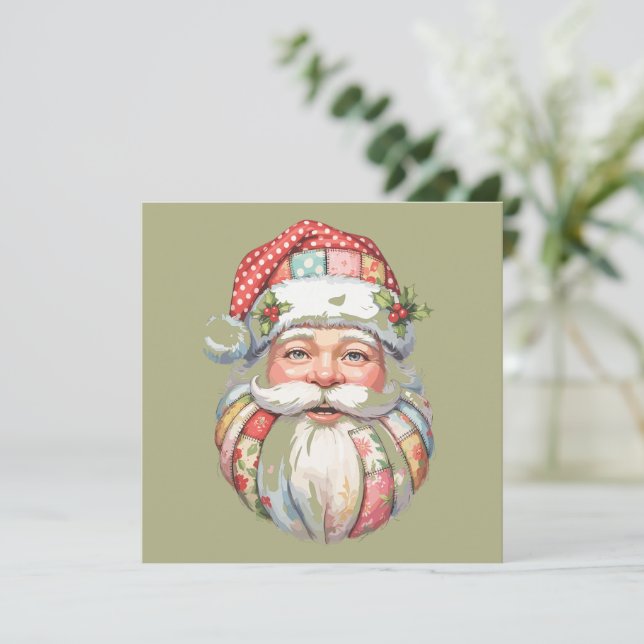 Cartão De Festividades Patchwork Santa Claus - Retro de Natal (Em pé/Frente)