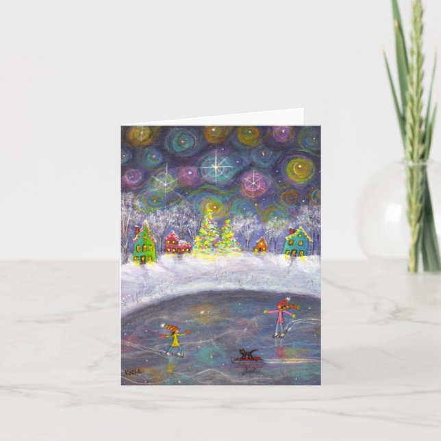 Cartão De Festividades Patinagem sob o céu estrelado (Frente)