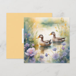 Cartão De Festividades Pato Cute Watercolor e Florais em Branco 