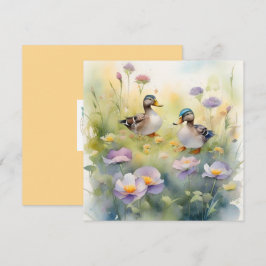 Cartão De Festividades Pato Cute Watercolor e Flores Silvestres em Branco
